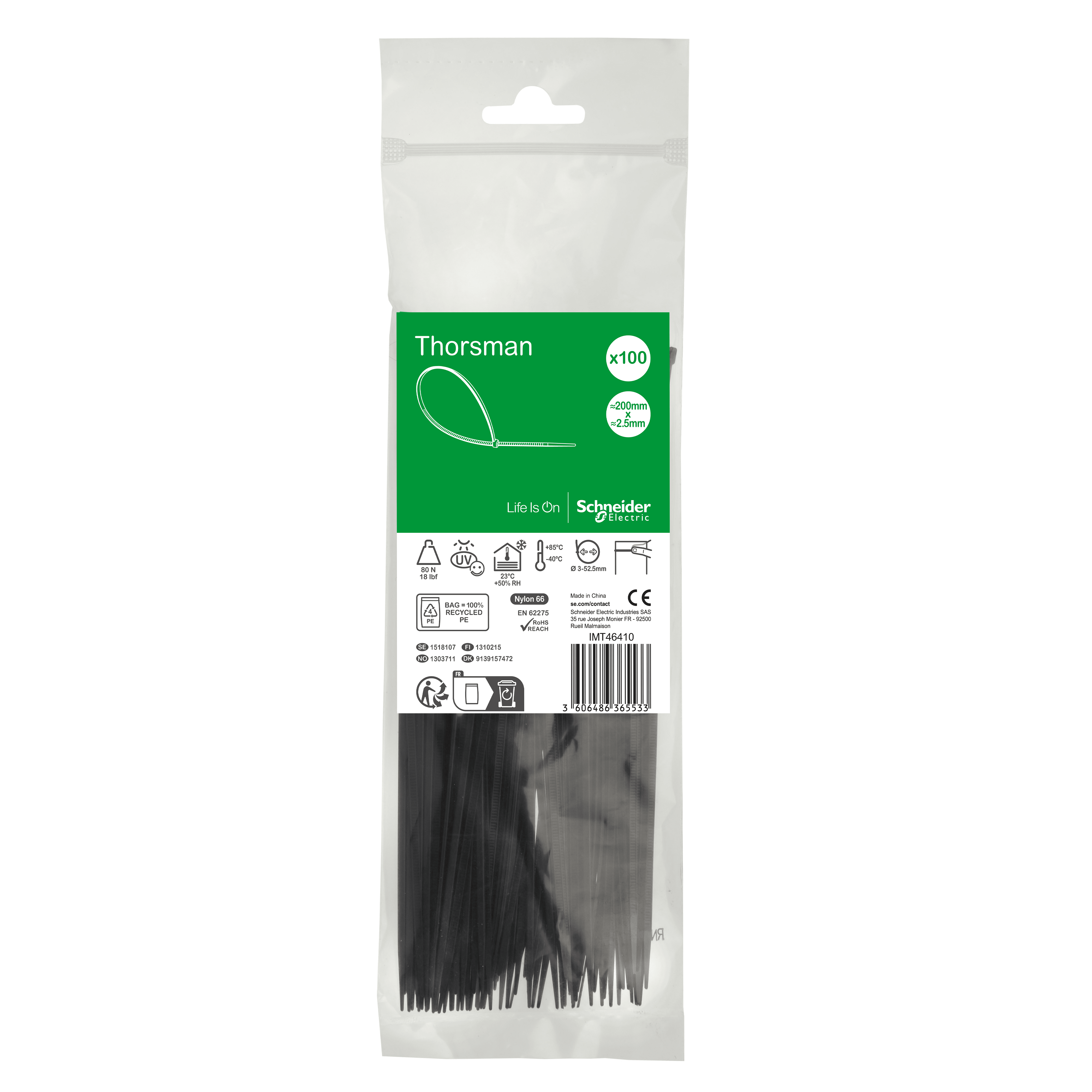 SCHNEIDER ELECTRIC - Accessori, Mureva Tube & Fix, Fascette di Cablaggio, 200x2.5mm, nero - [prezzo per 100 pz]