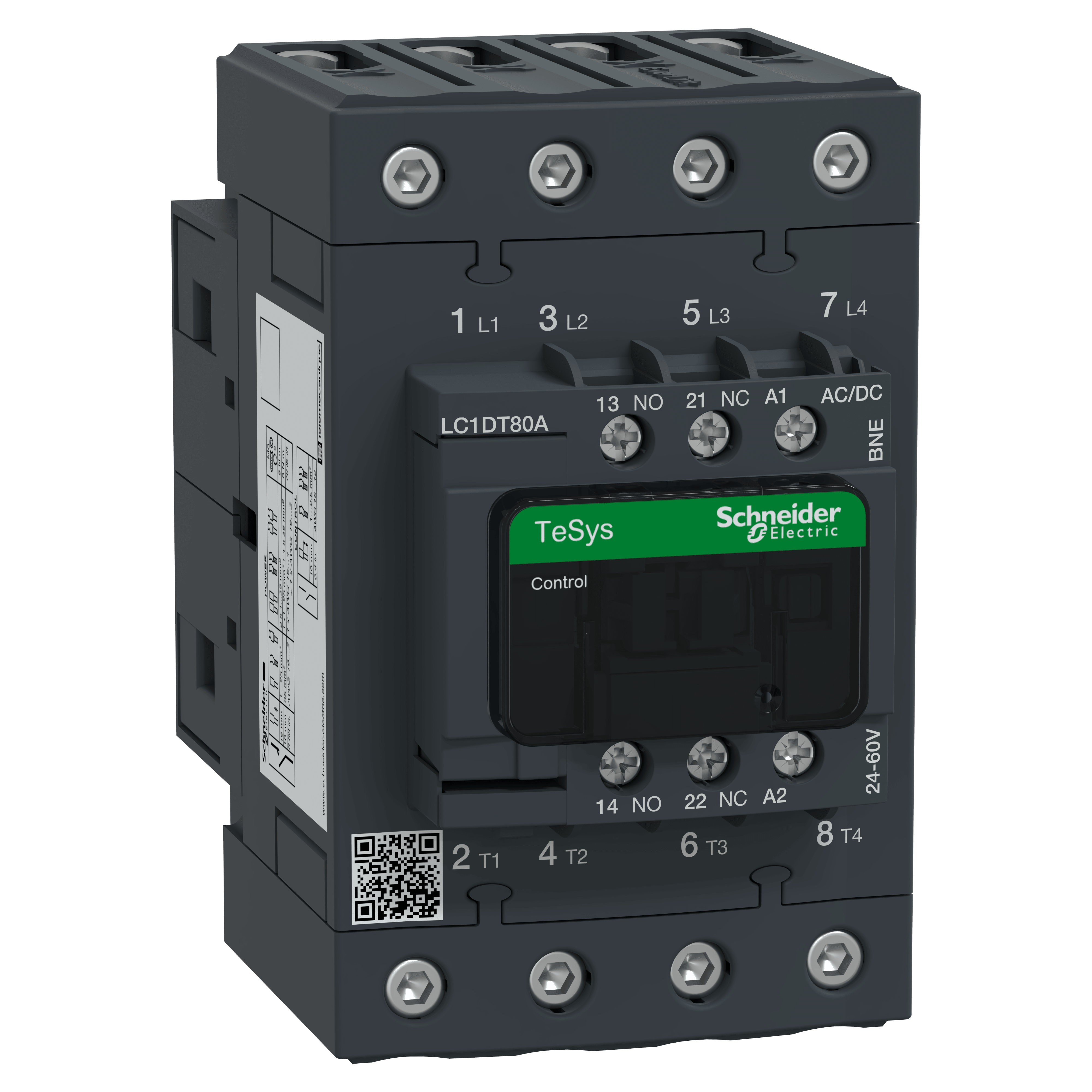 SCHNEIDER ELECTRIC - Contattore, TeSys Deca, 4P(4NO), AC-1, <=440V, 80A, bobina 24...60V AC/DC connessioni a vite EverLink BTR