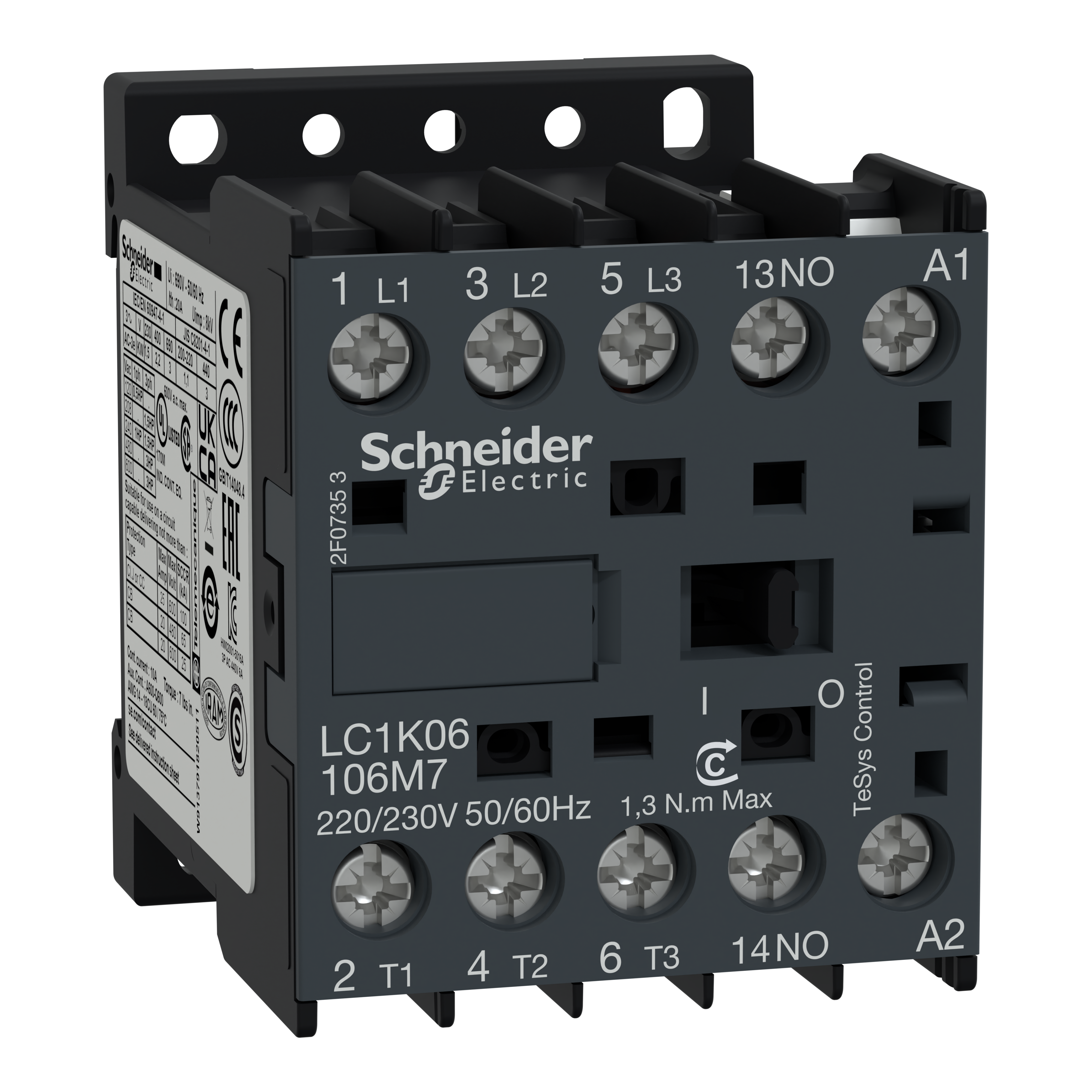 SCHNEIDER ELECTRIC - Contattore, TeSys K, 3P, AC-3/AC-3e,440V 16A, ausiliario 1NO, bobina 220...230V AC