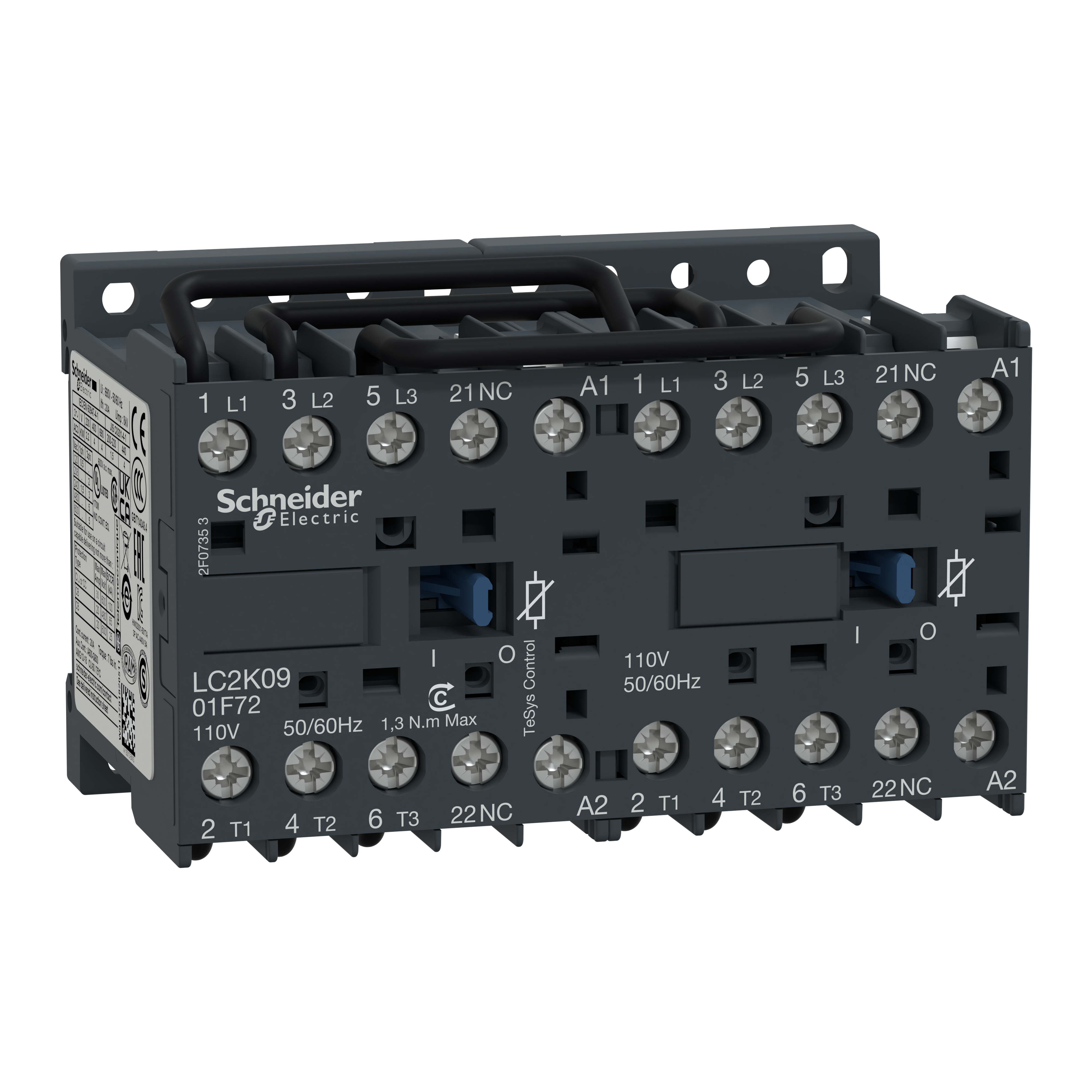 SCHNEIDER ELECTRIC - Reversing contactor, TeSys K, 3P, AC-3/AC-3e,440V 9 A, 1NC, 110V AC coil,with integral suppression device