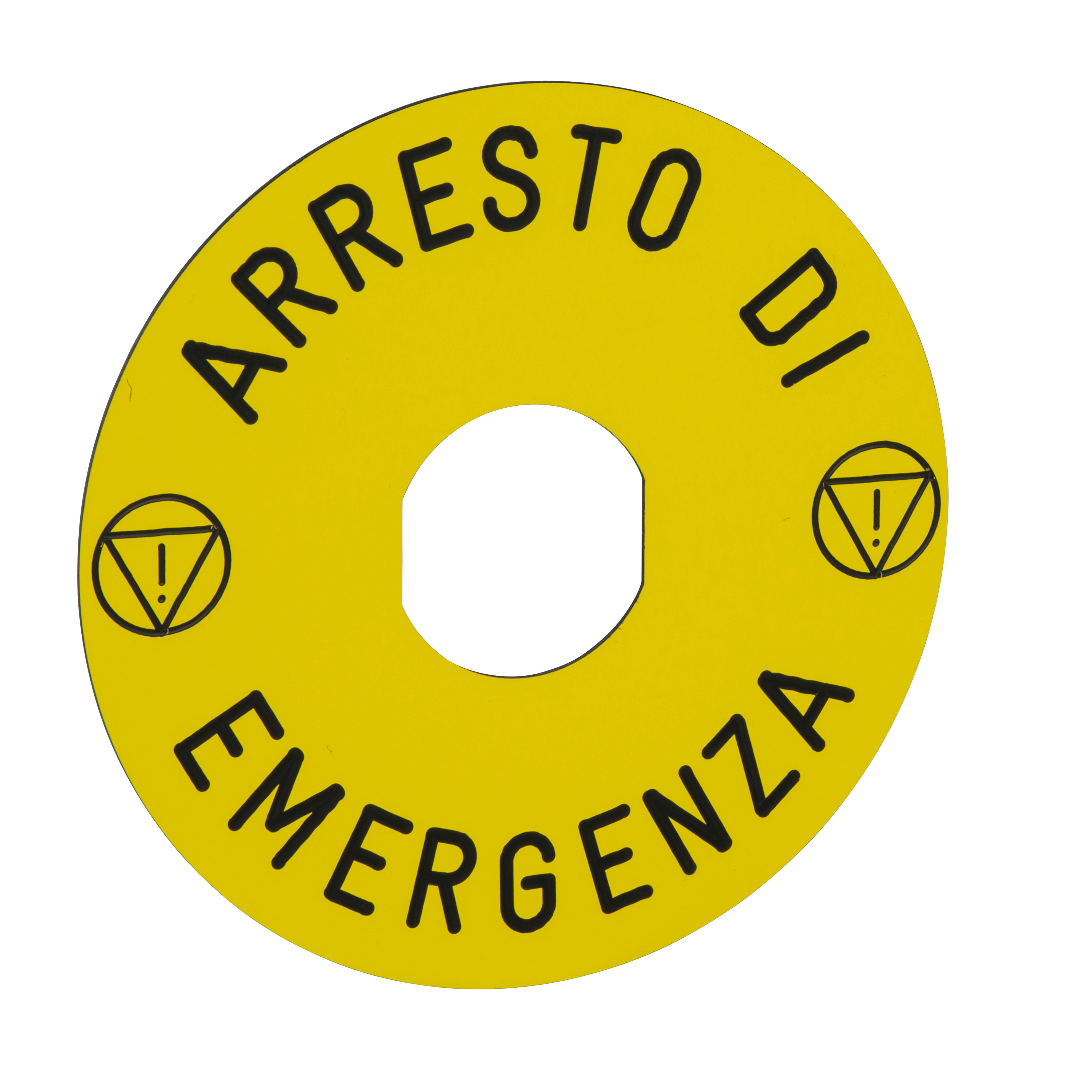 SCHNEIDER ELECTRIC - Etichetta circolare Ø90 - Harmony XB4, Harmony XB5 per pulsante arresto emergenza - gialla - con marcatura ARRESTO DI EMERGENZA con logo ISO13850