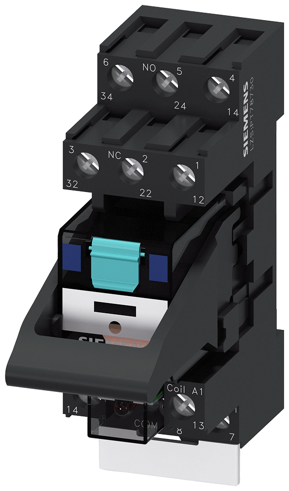 SIEMENS - Relè estraibile, DC 24 V, 3 CO, LED verde, zoccolo da innesto standard, morsetti a vite LZS:PT3A5L24A