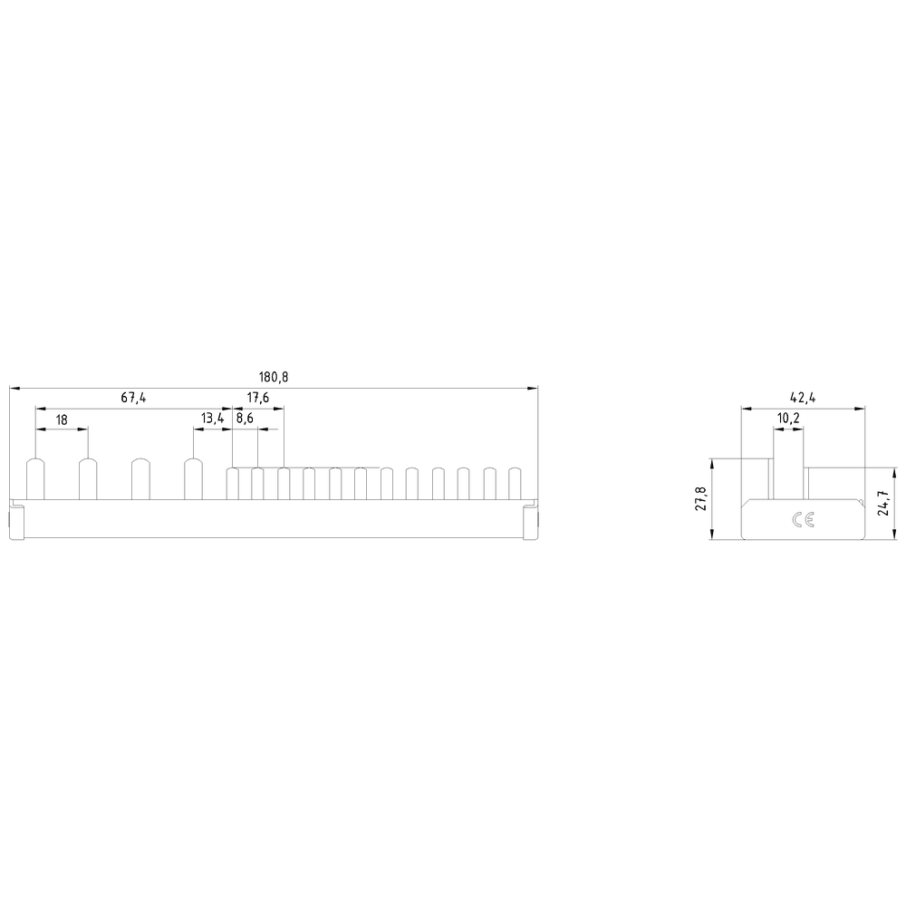 SIEMENS - Sbarra di collegamento a punte 10mm², quadrifase, 1x (3 fasi+N) + 6x (1 fase+N), 181mm sezionabile