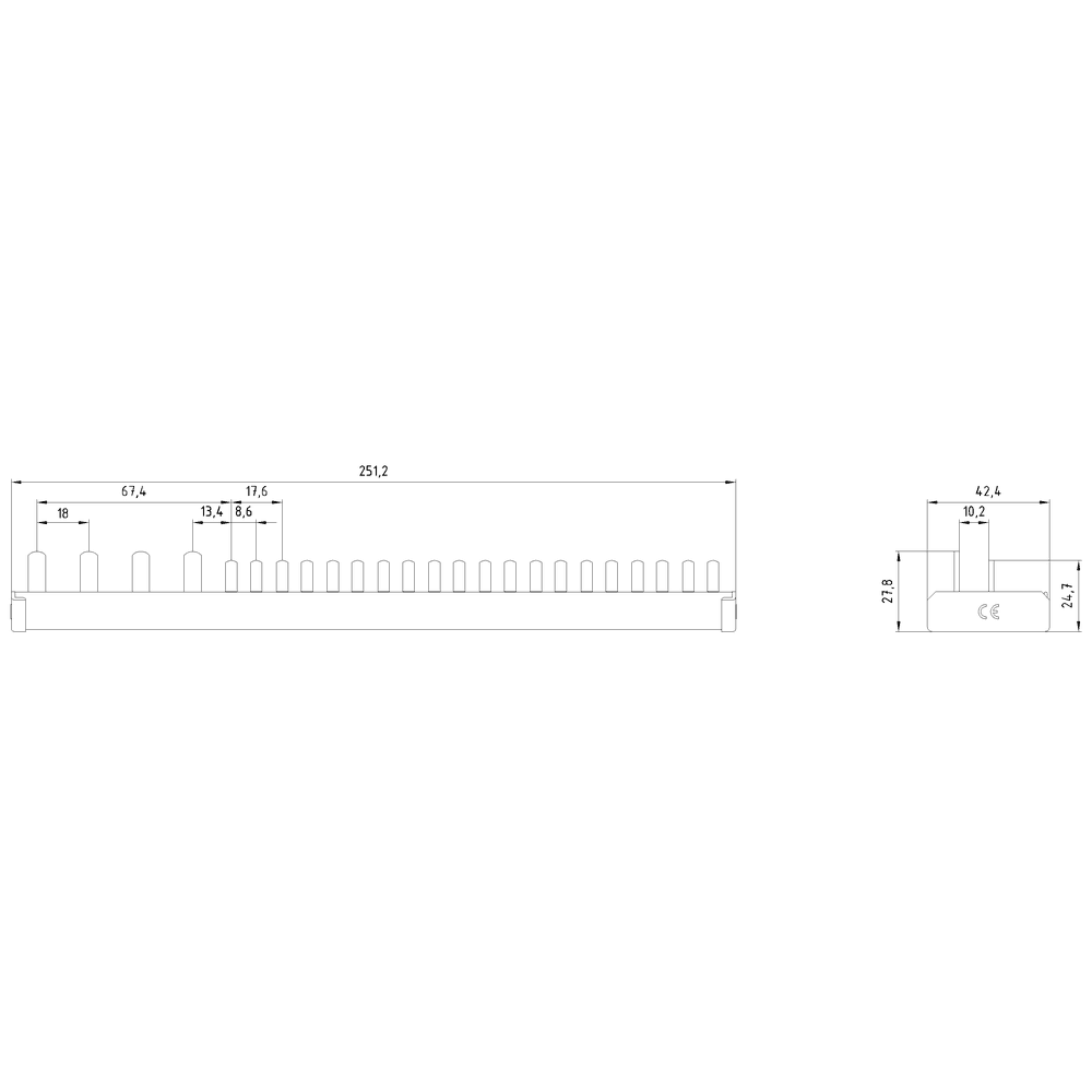 SIEMENS - Sbarra di collegamento a punte 10mm², quadrifase, 1x (3 fasi+N) + 10x (1 fase+N), 251mm sezionabile