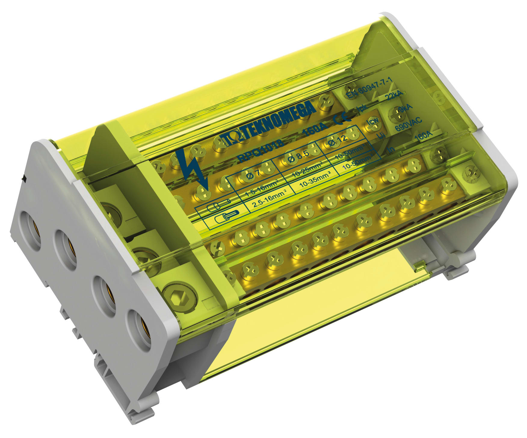 TEKNOMEGA - Ripartitore quadripolare 160A 11 uscite ingresso laterale morsettiera. RPQ1018