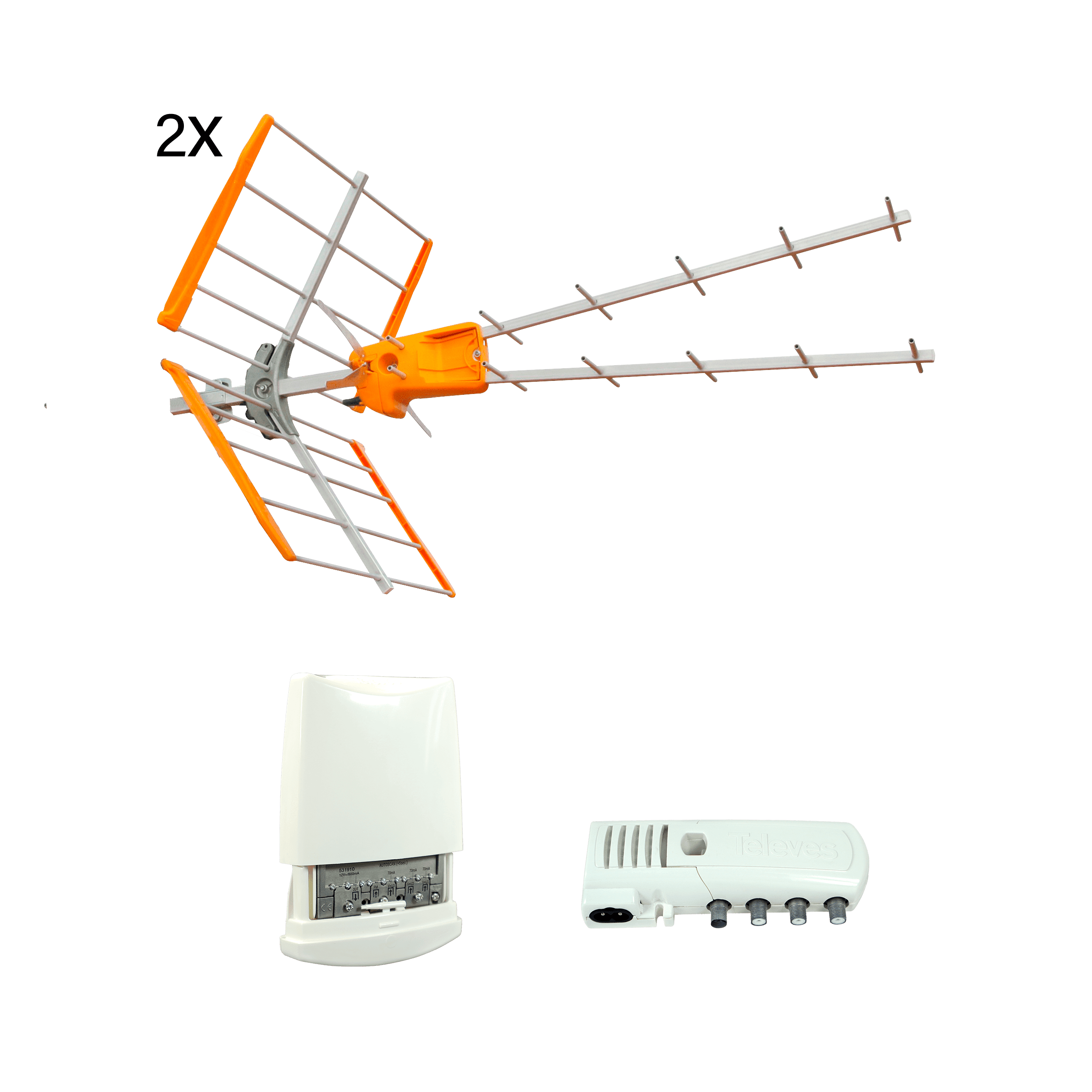 TELEVES - Kit: 2x Antenna V Zenit UHF + Amplificatore da palo SmartKom con Alimentatore 12V.