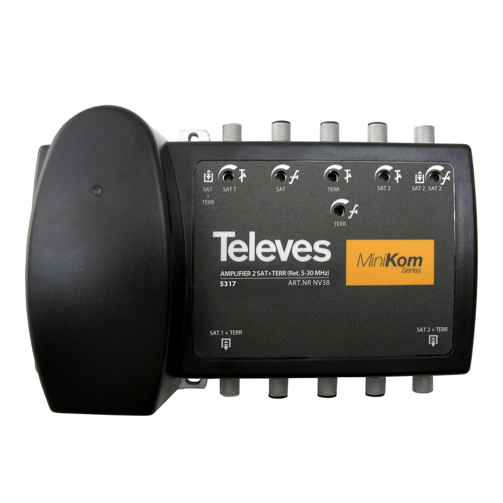 TELEVES - 2 ingressi 950-2200 MHz G30-45dB, Centrale larga banda MiniKom F, doppia linea C.Retorno/VHF/UHF/IF1-IF2.