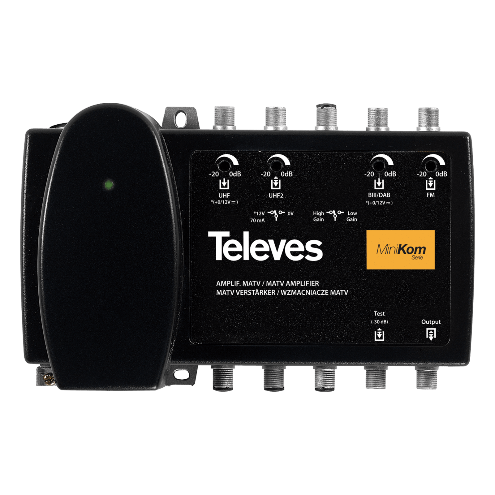 TELEVES - Centrale amplificatore 4 ingressi FM-3-U-V G35/45dB larga banda MiniKom F: FM-BIII/DAB-UHF-UHF.