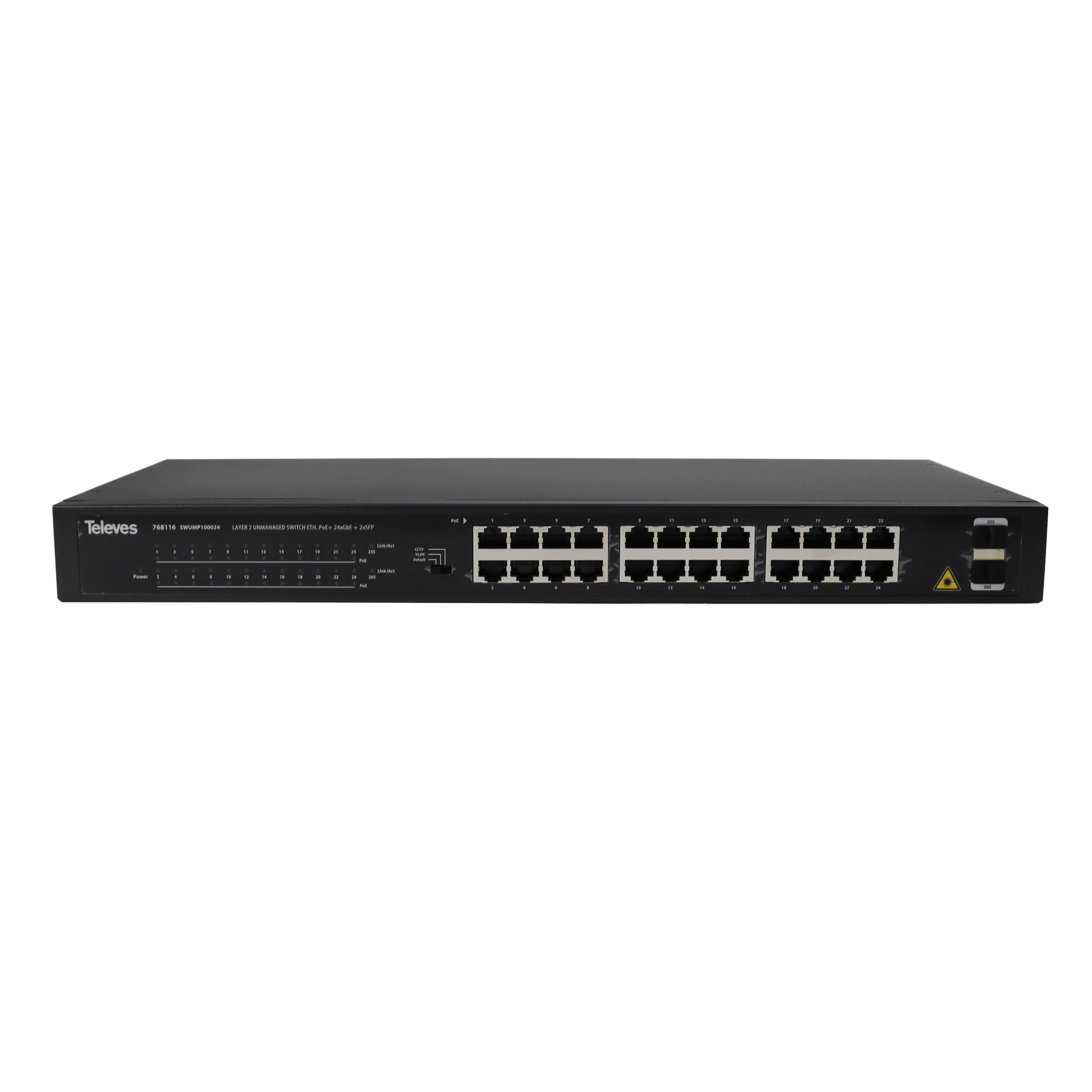 TELEVES - Switch Ethernet Layer 2 non gestibile 24 porte Gigabit (PoE+ 370W) e 2 porte SFP.