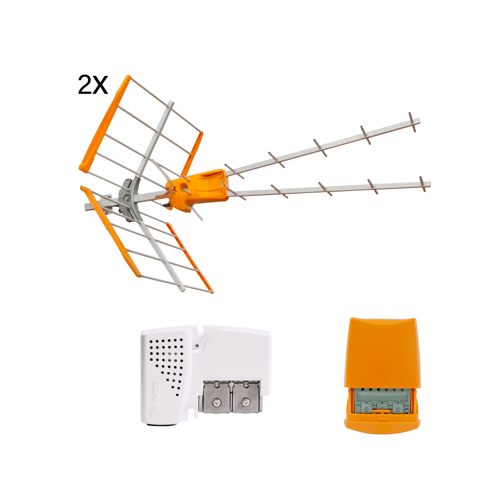 TELEVES - Kit: 2x Antenna V Zenit UHF + Amplificatore da palo, 4 ingressi + Alimentatore 12V.