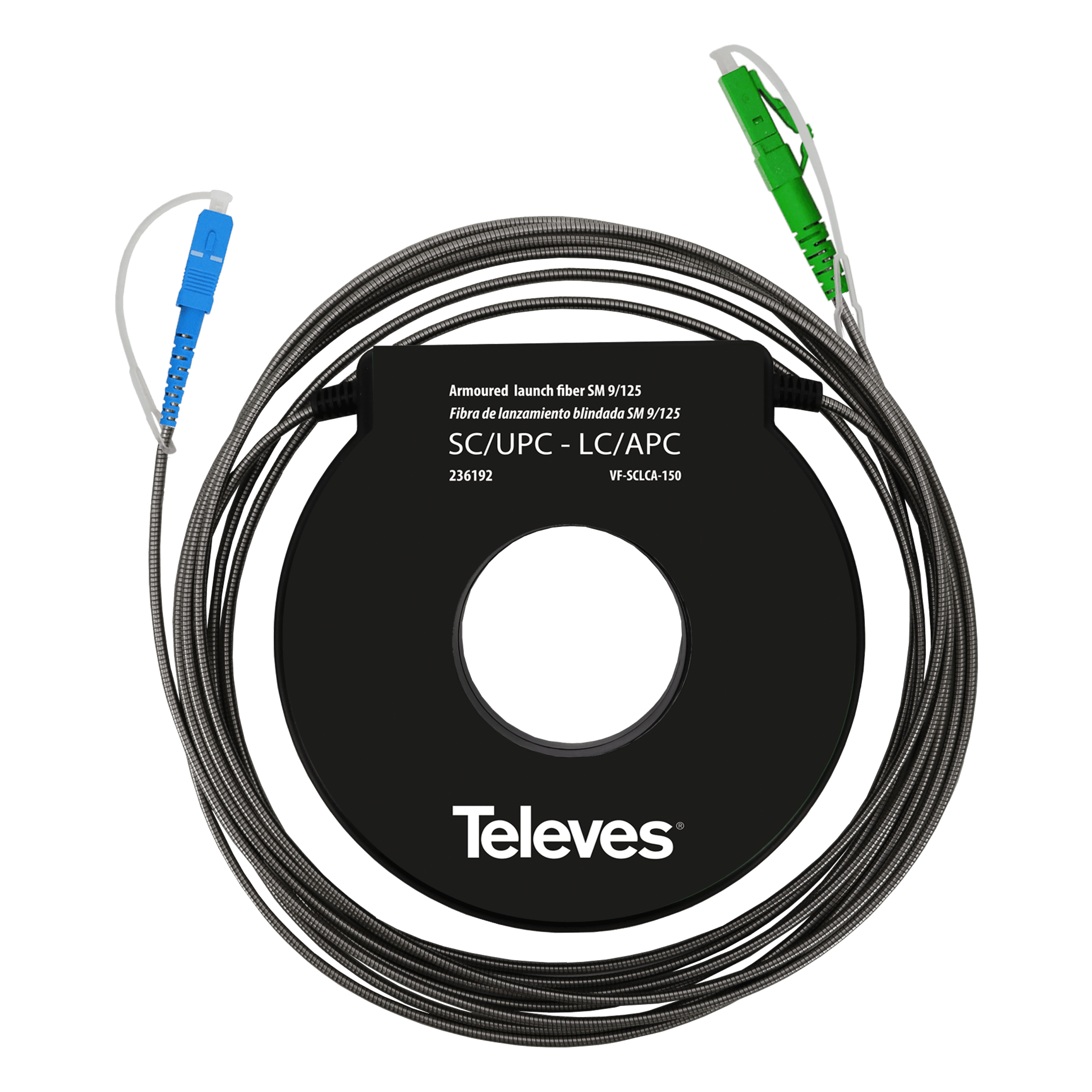 TELEVES - Fibra blindata di lancio monomodale SC/UPC-LC da 150 metri per OTDR. BRET di lancio blindato SM 150MT SC/UPC-LC.