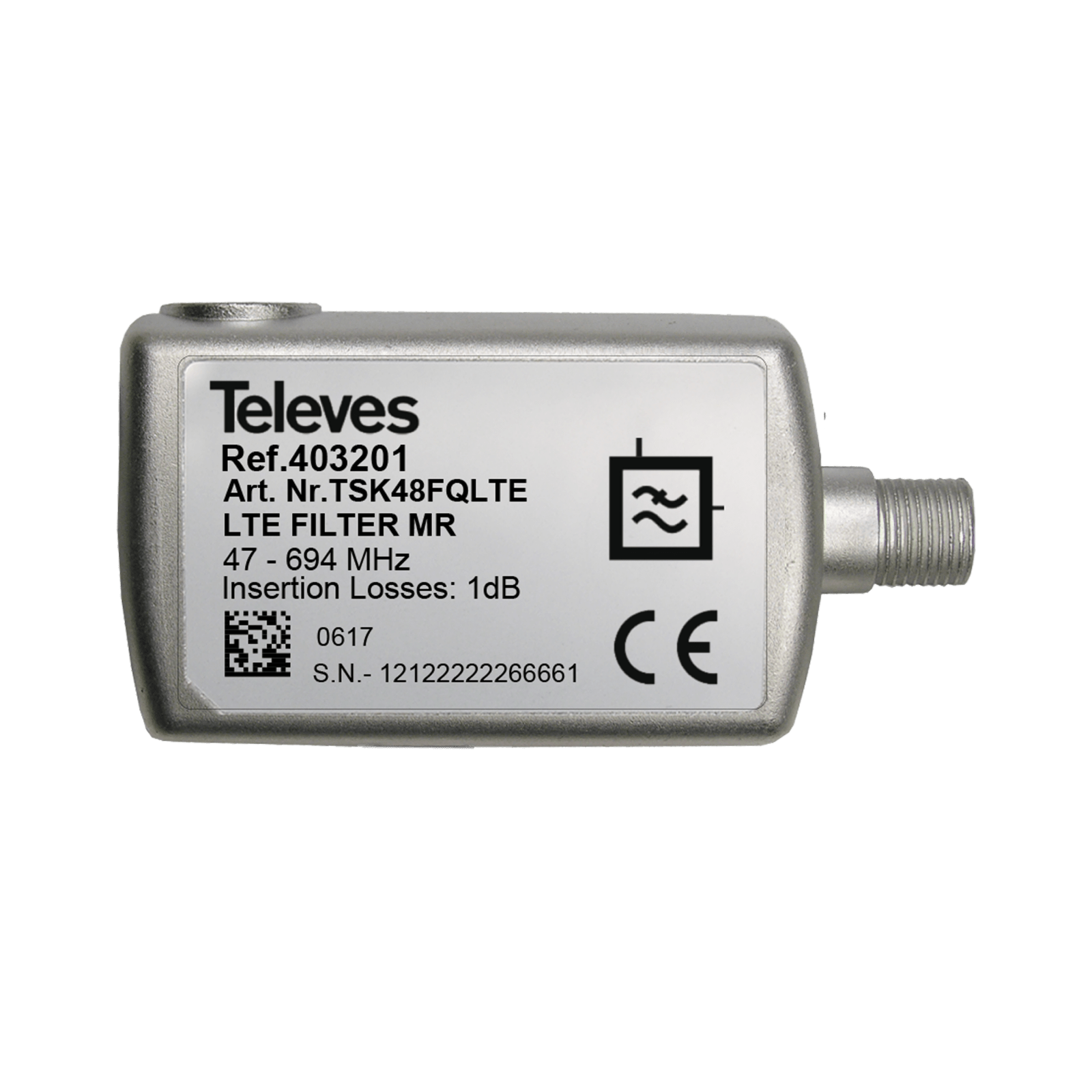 TELEVES - Filtro LTE MR F 47...694MHz (C21) DC 5G Medium Rejection con passaggio DC 47...694MHz (C.48) e connettore F.