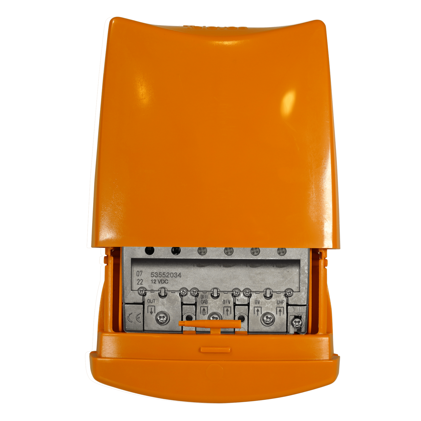TELEVES - Amplificatore da palo 12V basso guadagno (banda divisa) 4 ingressi: BIII/DAB-UHF-21...33-36...48. 53552034