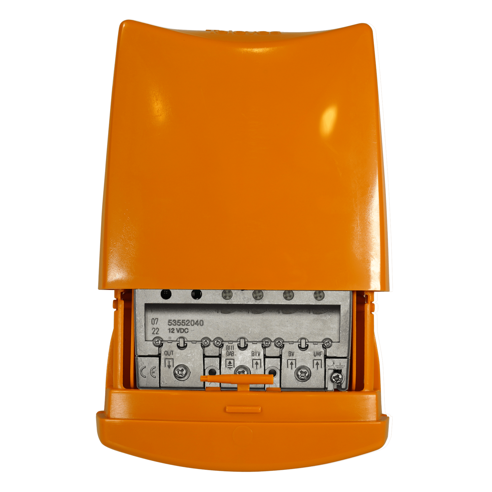 TELEVES - Amplificatore da palo 12V basso guadagno (banda divisa) 4 ingressi: BIII/DAB-UHF-21...38-42...48.