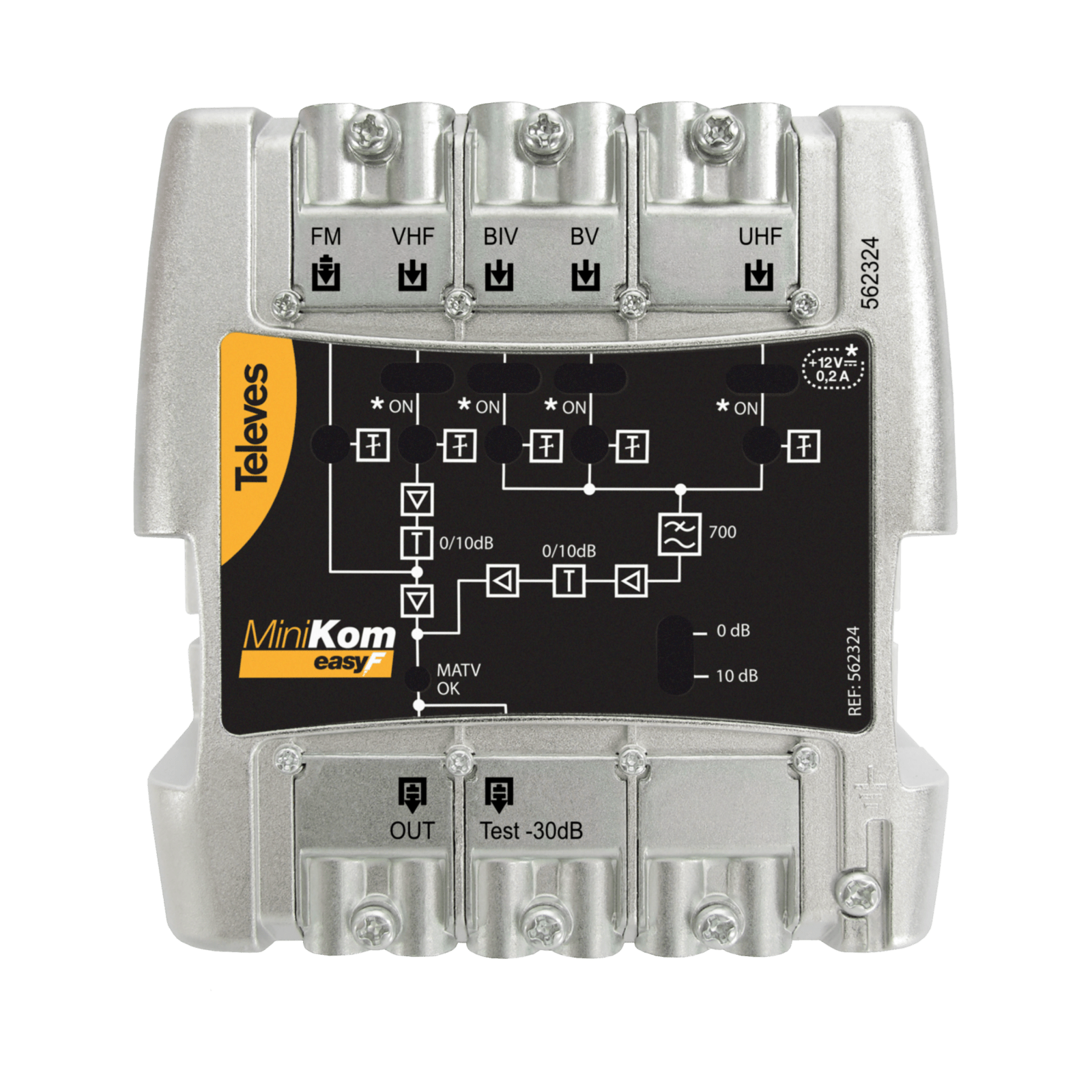 TELEVES - Amp.Mnk 5/1 EasyF Fm-V-U-21..35-39..48 Centrale larga banda Minikom EasyF 5 ingressi: Fm-Vhf-Uhf-21..35-39..48.