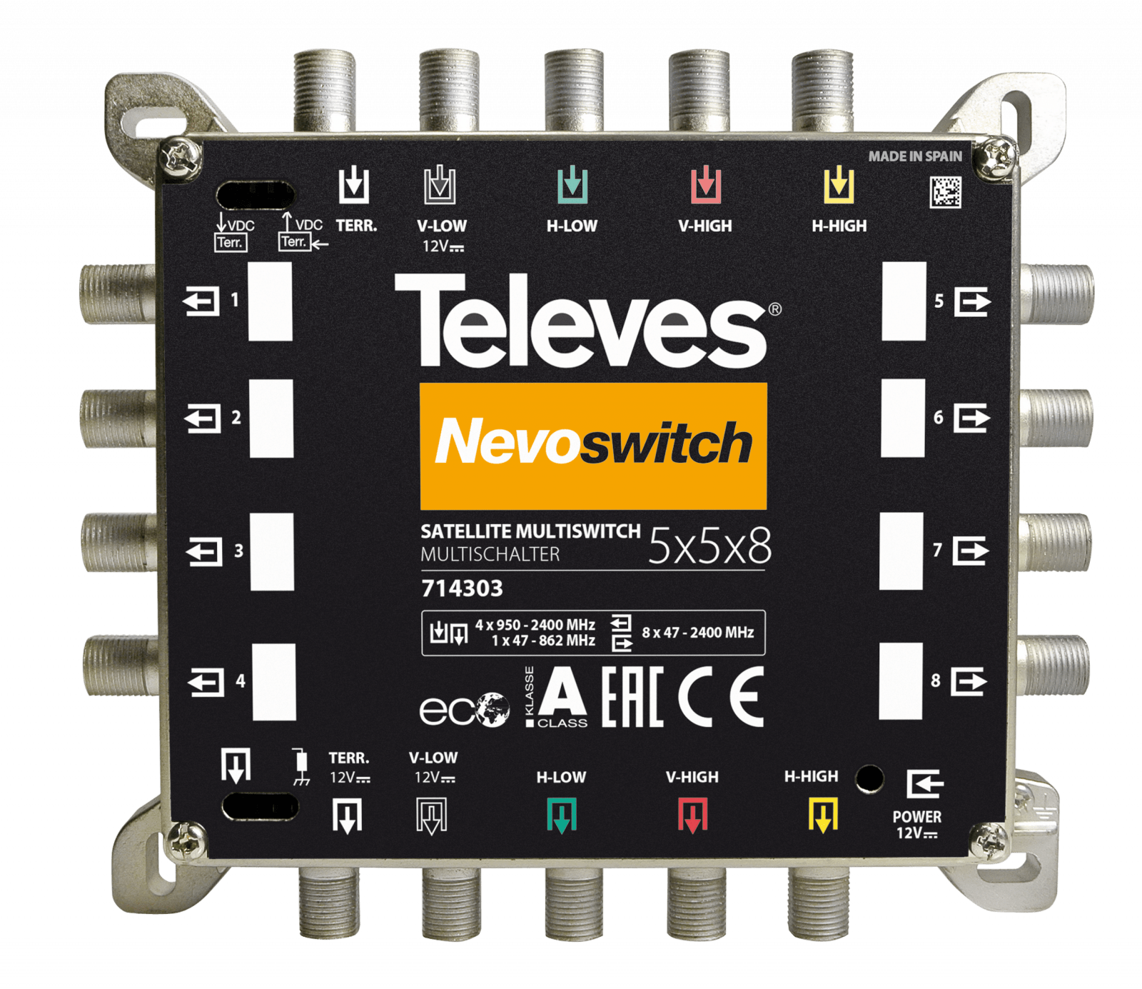 TELEVES - NevoSwitch 5x8 ingressi/uscite con passaggio terrestre cascata/terminale.