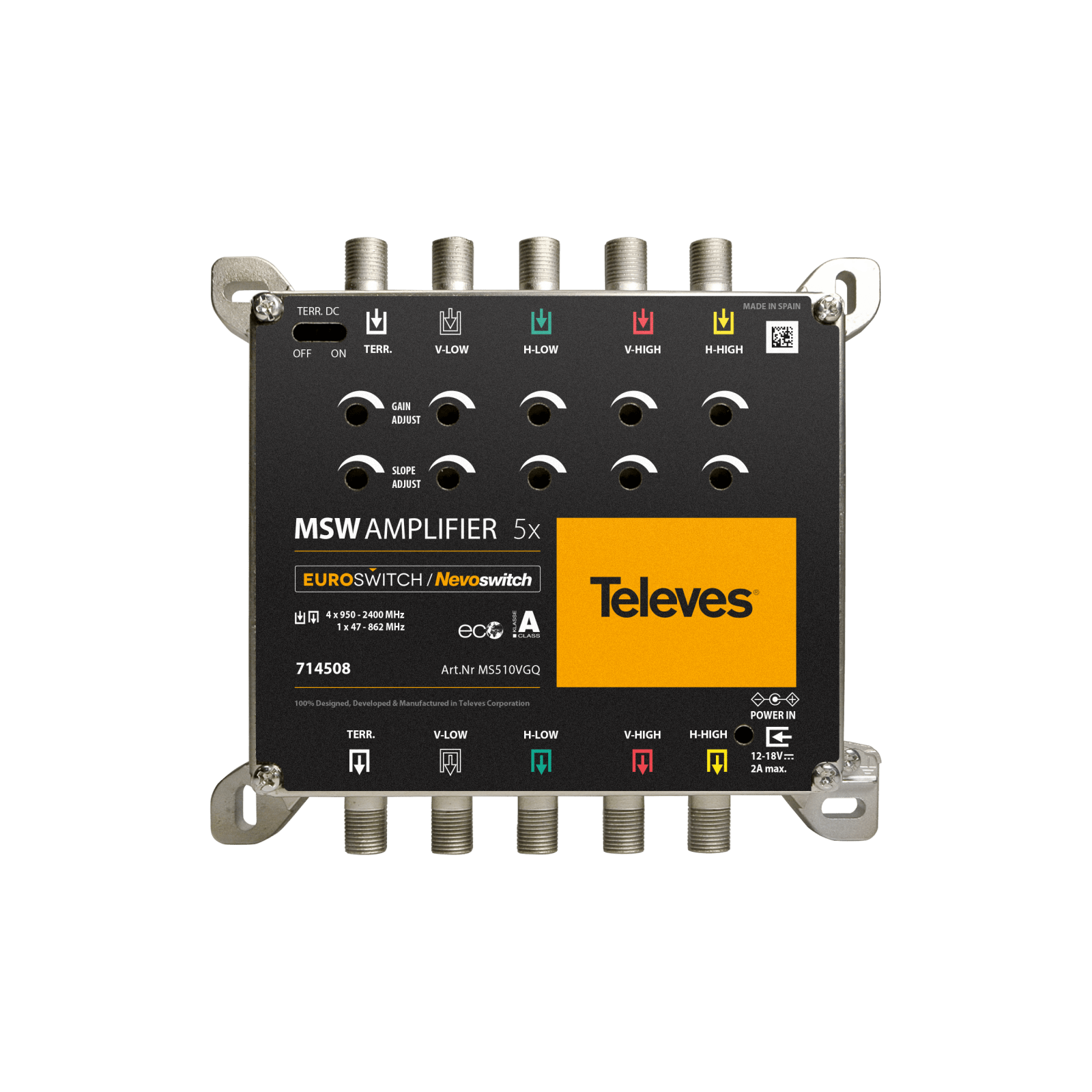 TELEVES - NevoSwitch Amplificatore EuroSwitch Quattro 5x5, 5 ingressi (1 satellite), 10/11dB, F G12/15DB VS110. 714508