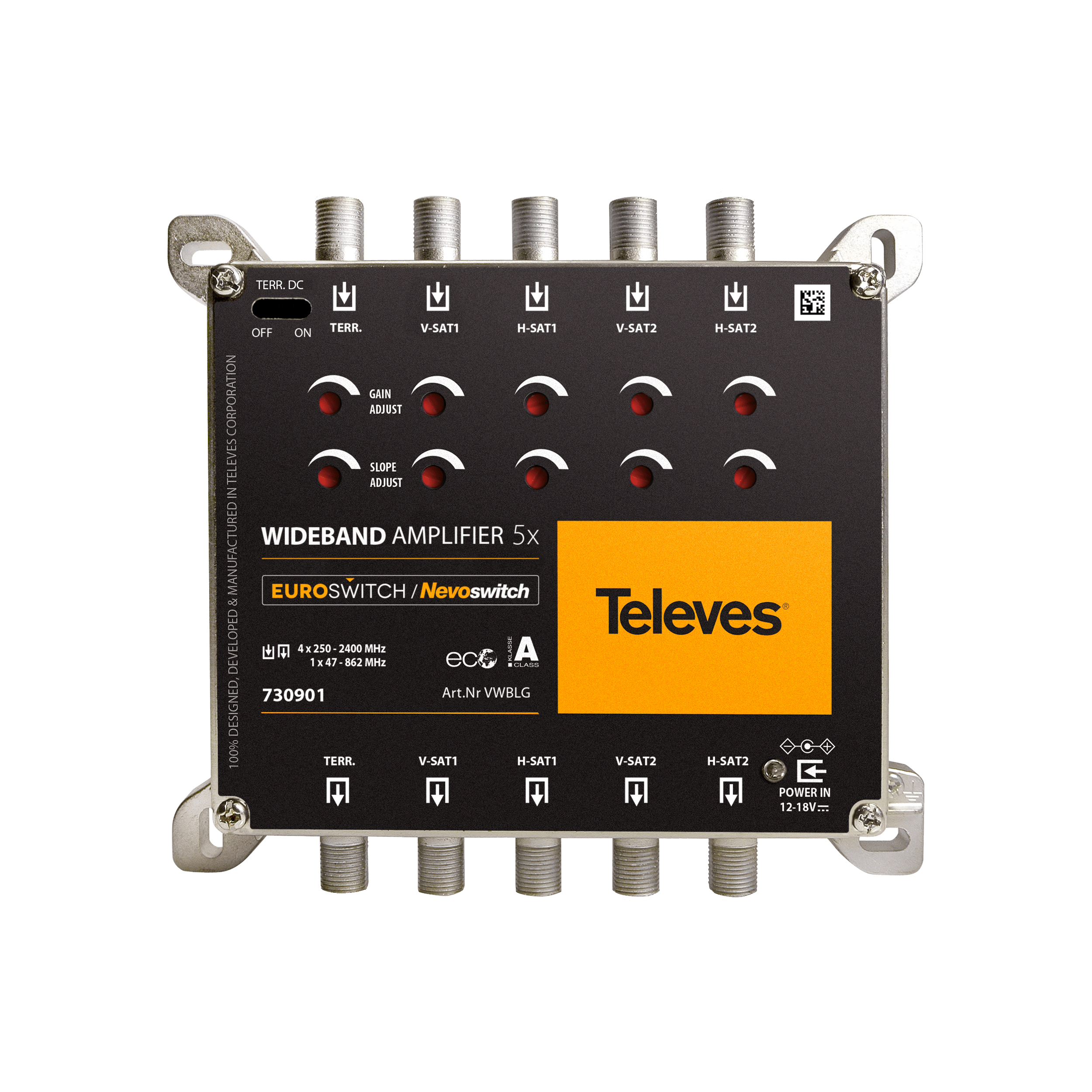 TELEVES - Amplificatore EuroSwitch/NevoSwitch WideBand 5X5, 10/13dB, 5 ingressi (2 satelliti).
