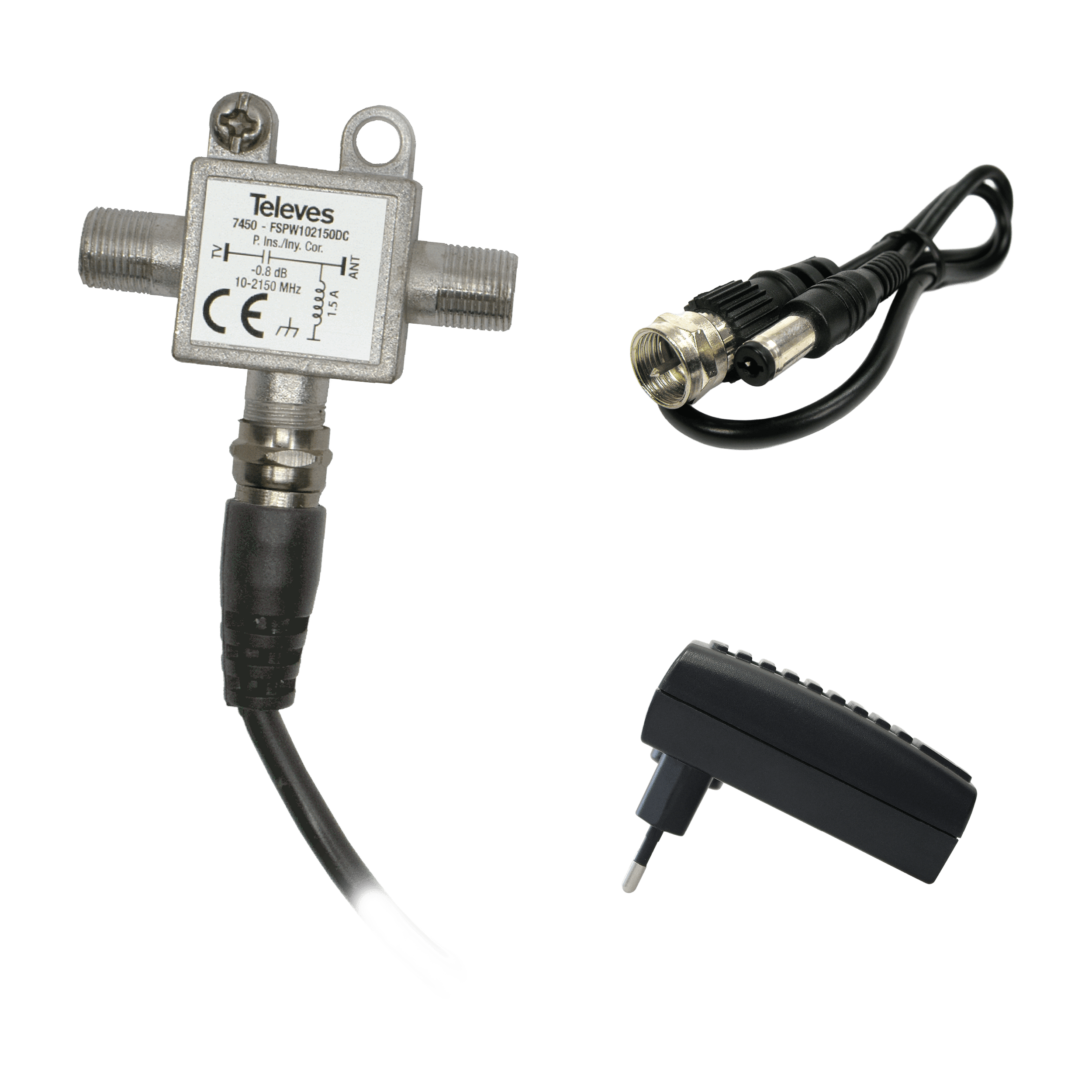 TELEVES - Kit: Iniettore di Corrente DC, Alimentatore 12V e Cavo di Corrente F-Jack per multiswitches dCSS. 732151