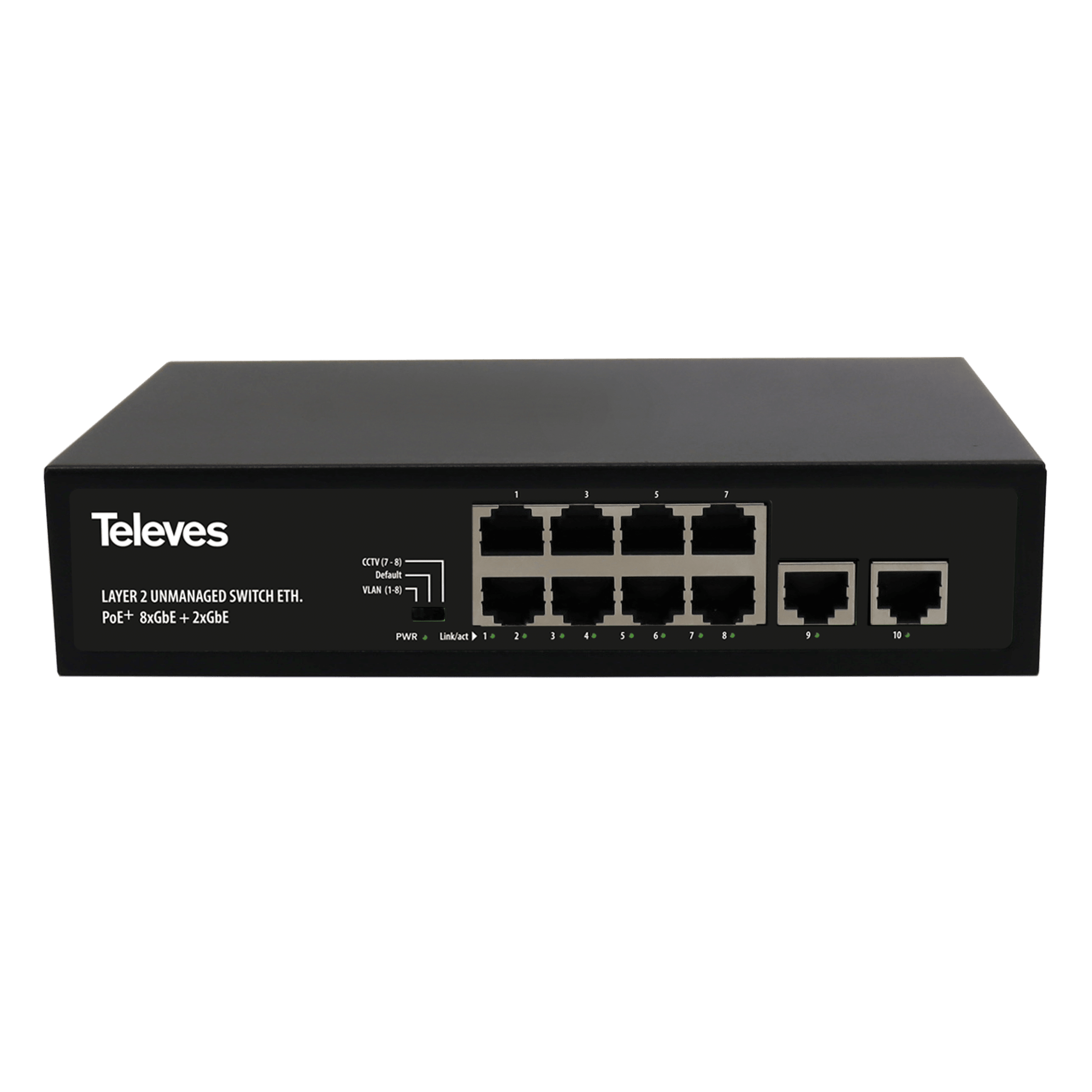 TELEVES - Switch Ethernet Layer 2 non gestibile 8xGbE (PoE+ 120W) + 2xGbE Long Range.