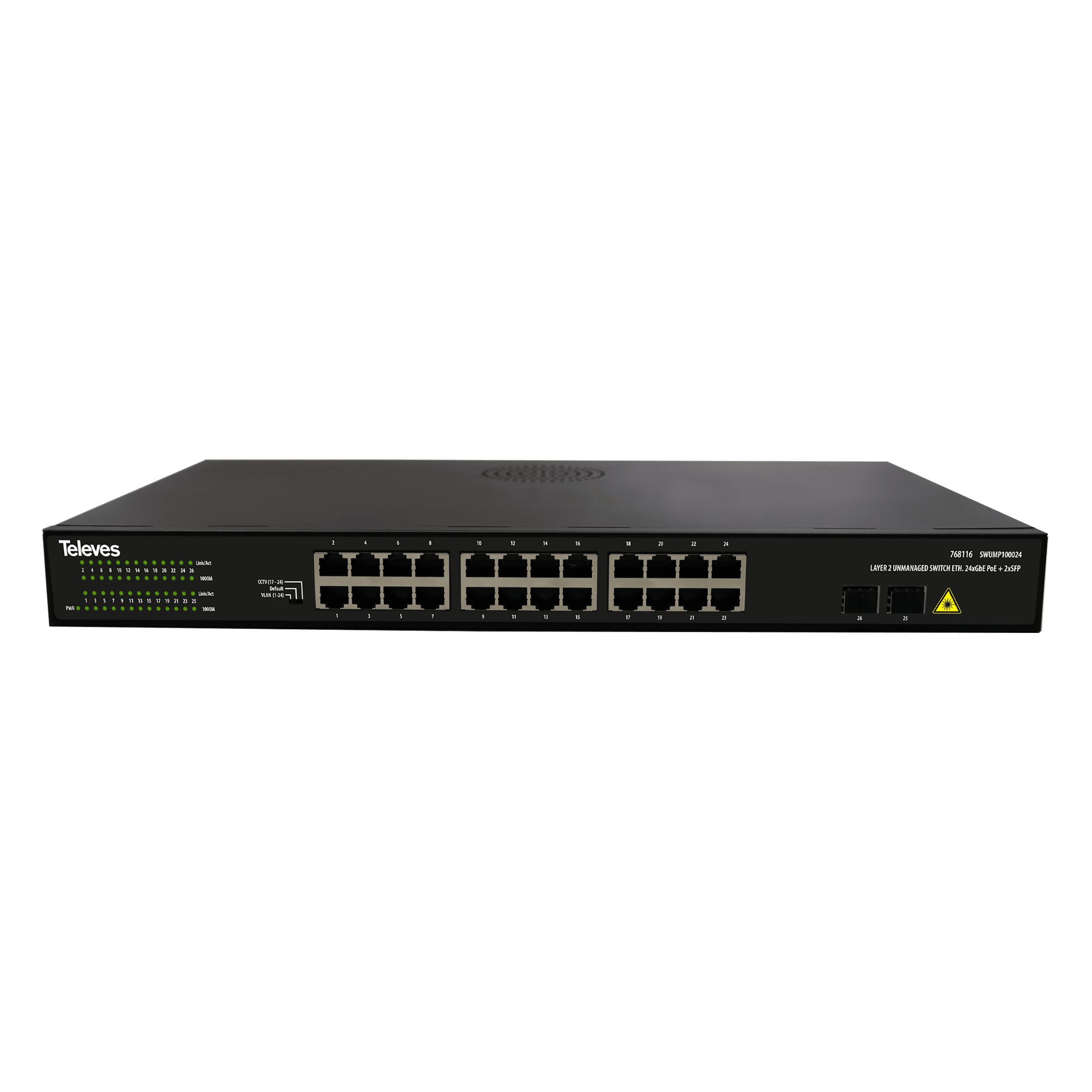 TELEVES - Switch Ethernet Layer 2 non gestibile 24 porte Gigabit (PoE+ 370W) e 2 porte SFP.
