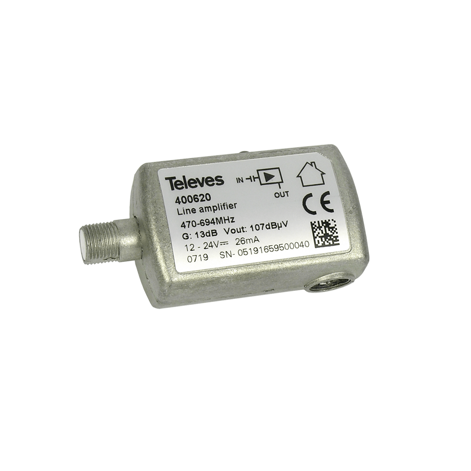 TELEVES - Amplificatore di linea UHF, 13dB 470-694MHz, Connettore F, C.48.