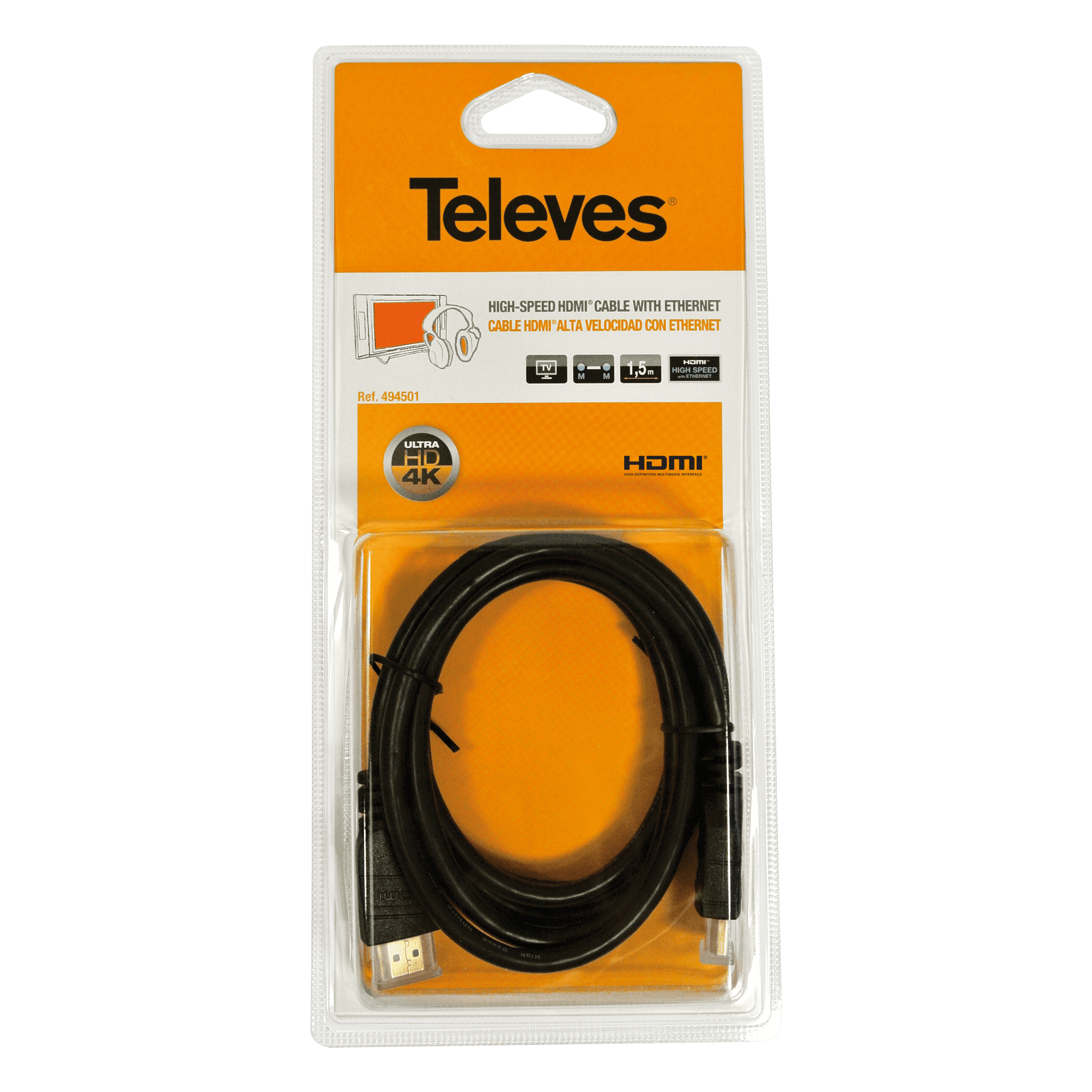 TELEVES - Cavo HDMI Maschio 1,5m Alta Velocità con Ethernet Ultra Definizione.