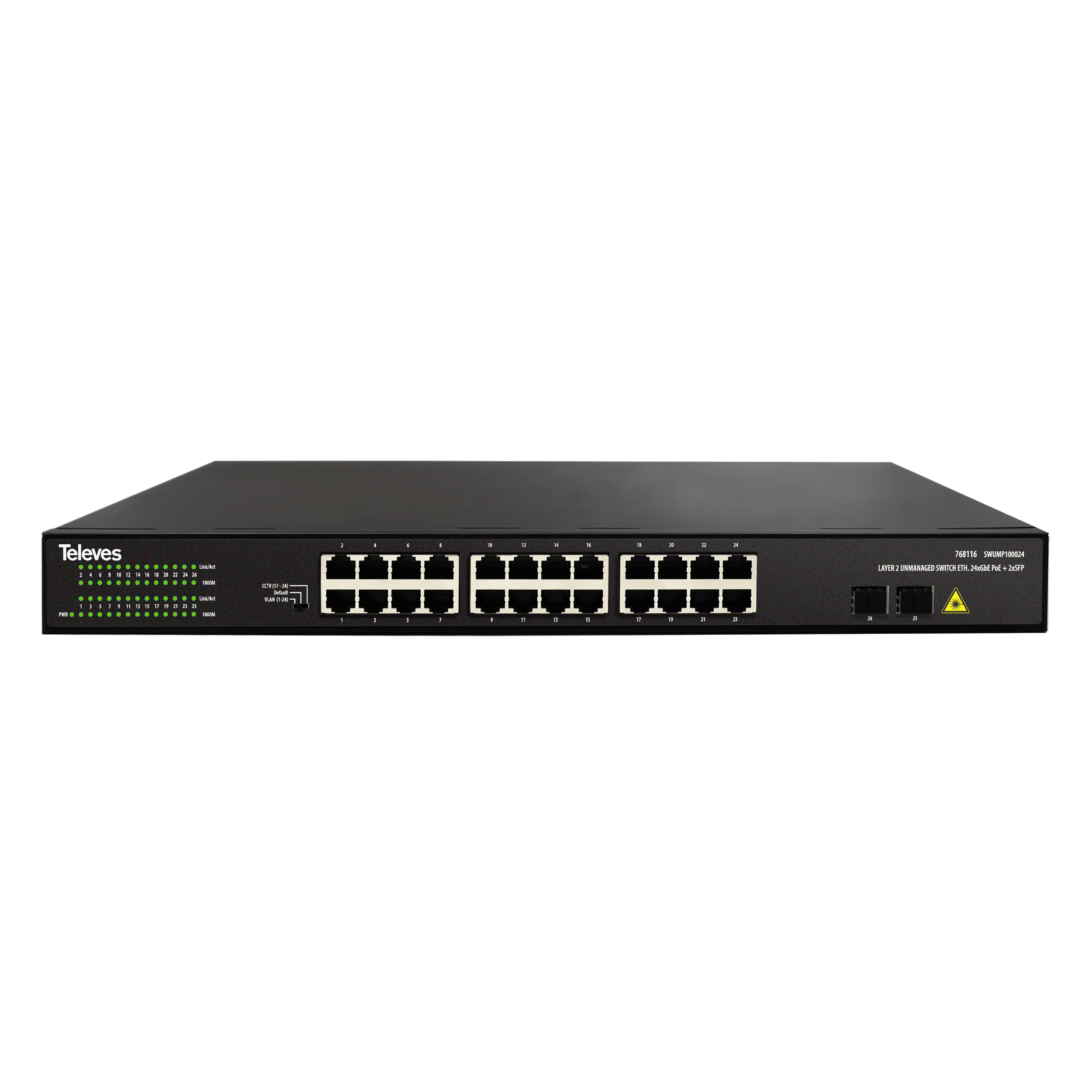 TELEVES - Switch Ethernet Layer 2 non gestibile 24 porte Gigabit (PoE+ 370W) e 2 porte SFP.