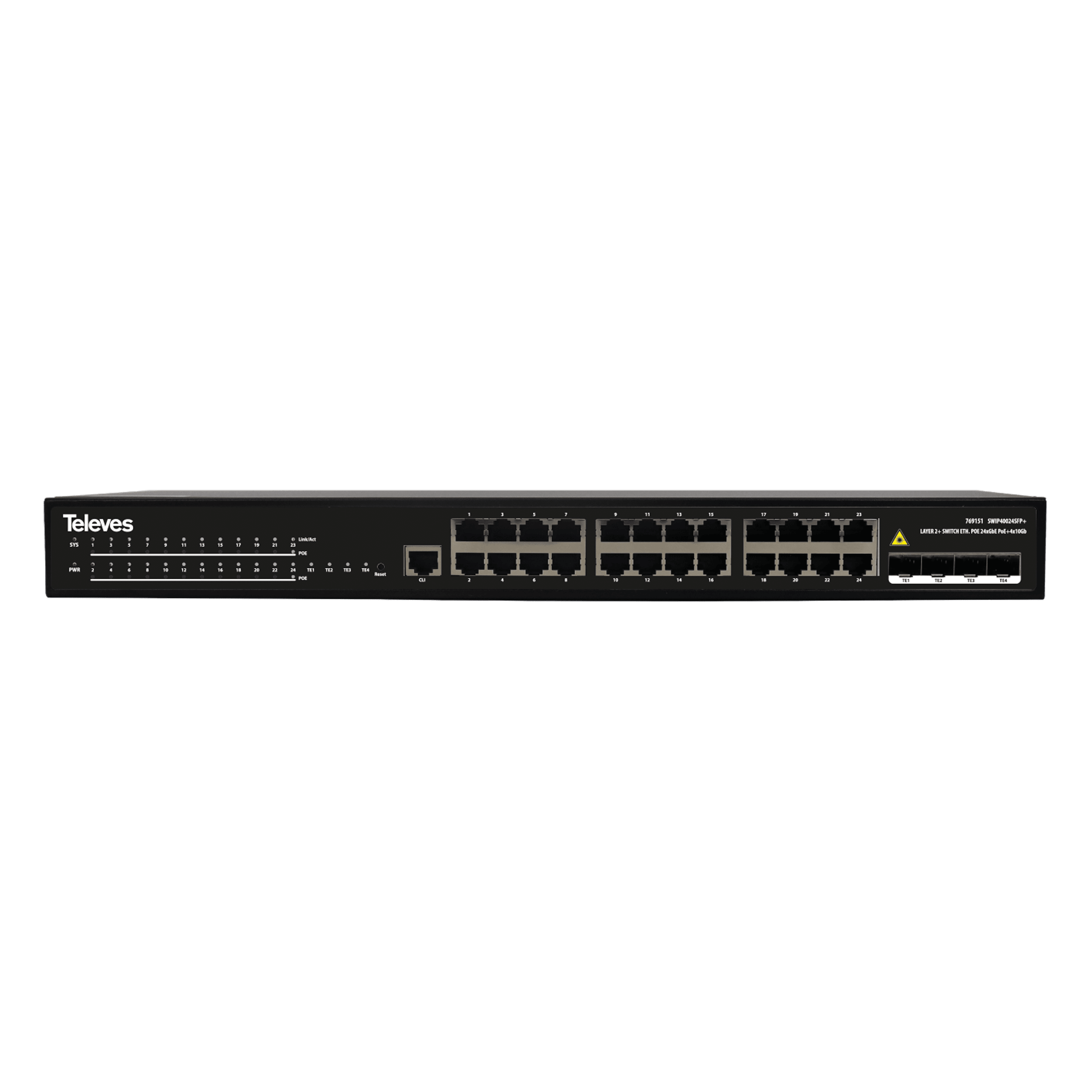 TELEVES - Switch Ethernet Layer 2+ 24 porte GbE PoE 370W e 4 porte SFP+ 10Gbps.
