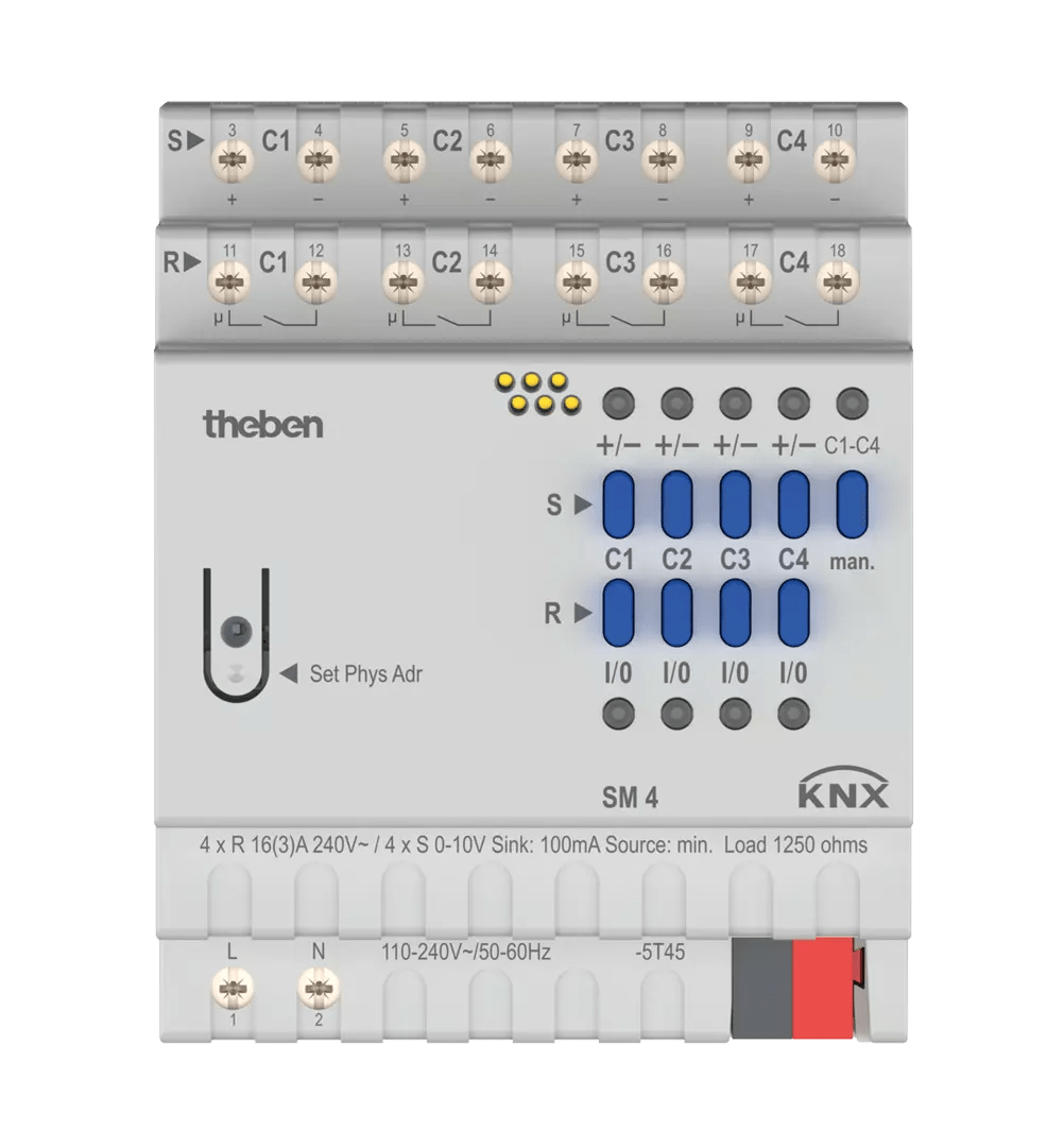 THEBEN - Interruttore/attuatore dimmerabile KNX 4 volte, per il controllo di carichi elettrici con interfaccia 0-10 V o 1-10 V, KNX Data Secure