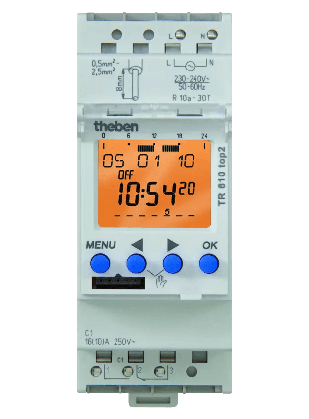 THEBEN - Interruttore orario digitale per installazione in linea 1 canale, 7 giorni, linea di testo, cl. plug-in, 2 TE