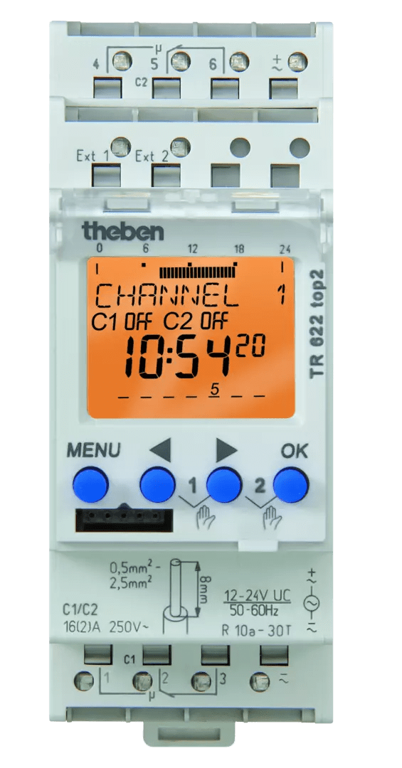THEBEN - Interruttore orario digitale per installazione in linea 2 canali, 7 giorni, linea di testo, cl. plug-in, 2 TE