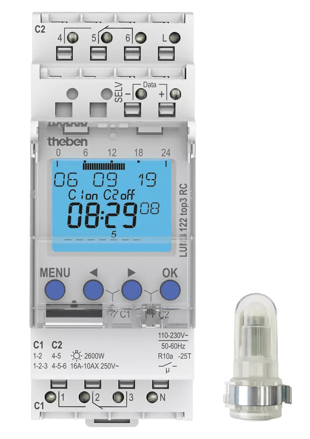 THEBEN - Interruttore crepuscolare con timer, sensore di luminosità a superficie, 2 canali, con capacità RC