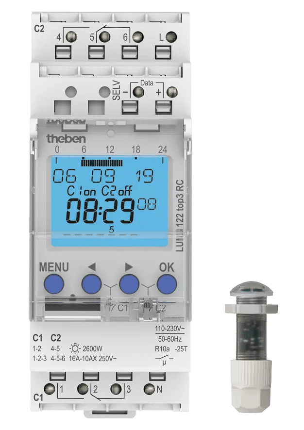 THEBEN - Interruttore crepuscolare con timer, sensore di luminosità incorporato, 2 canali, con capacità RC