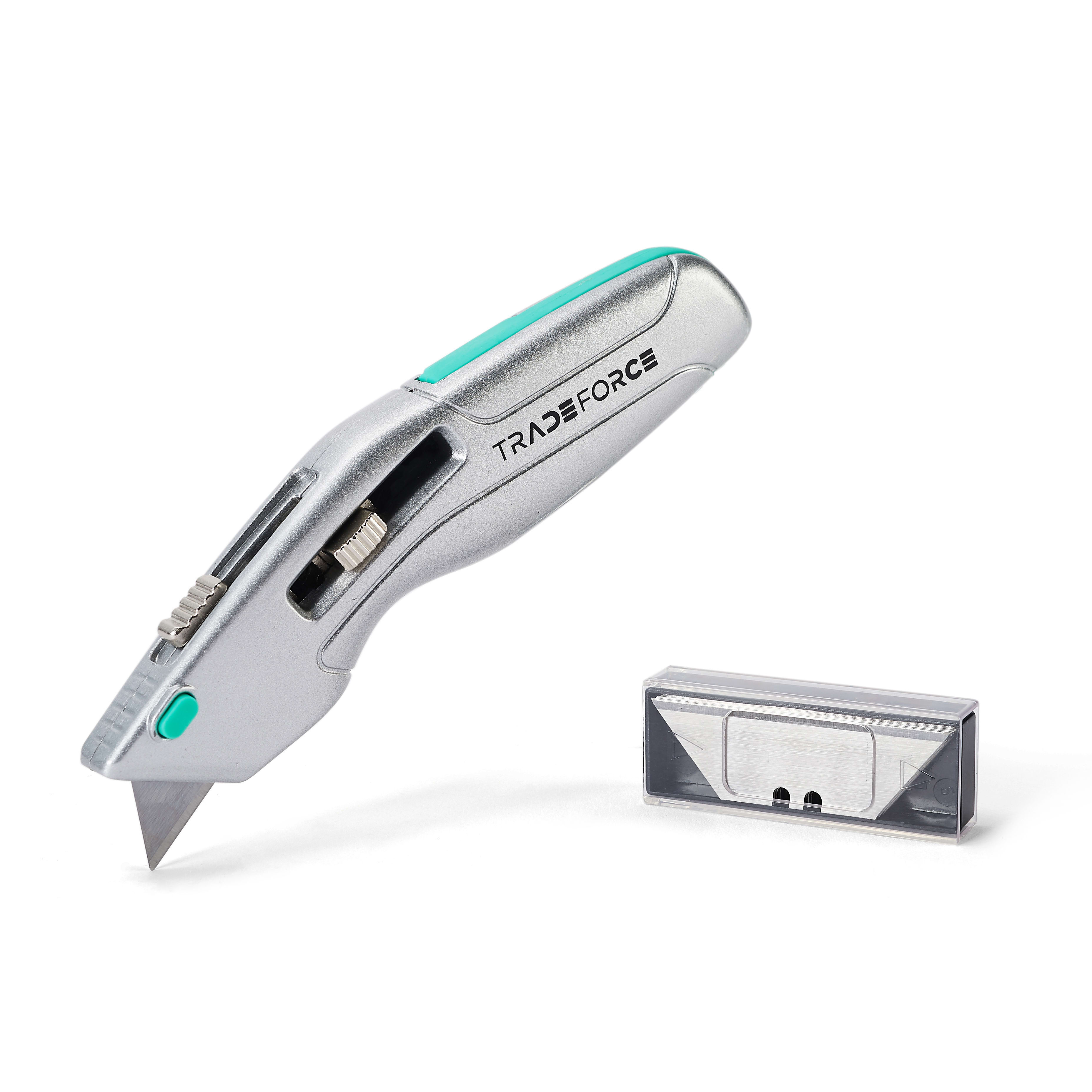 TRADEFORCE - Cutter sicurezza retrattile 165 mm + lame trapeziodali