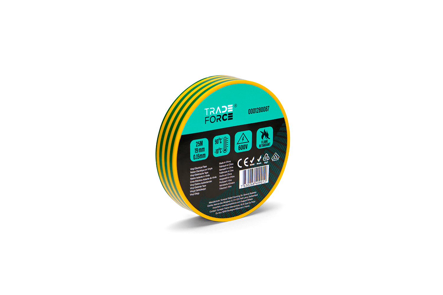 TRADEFORCE - Nastro isolante giallo verde 19 x 0.15 mm 25 metri 10-90 gradi