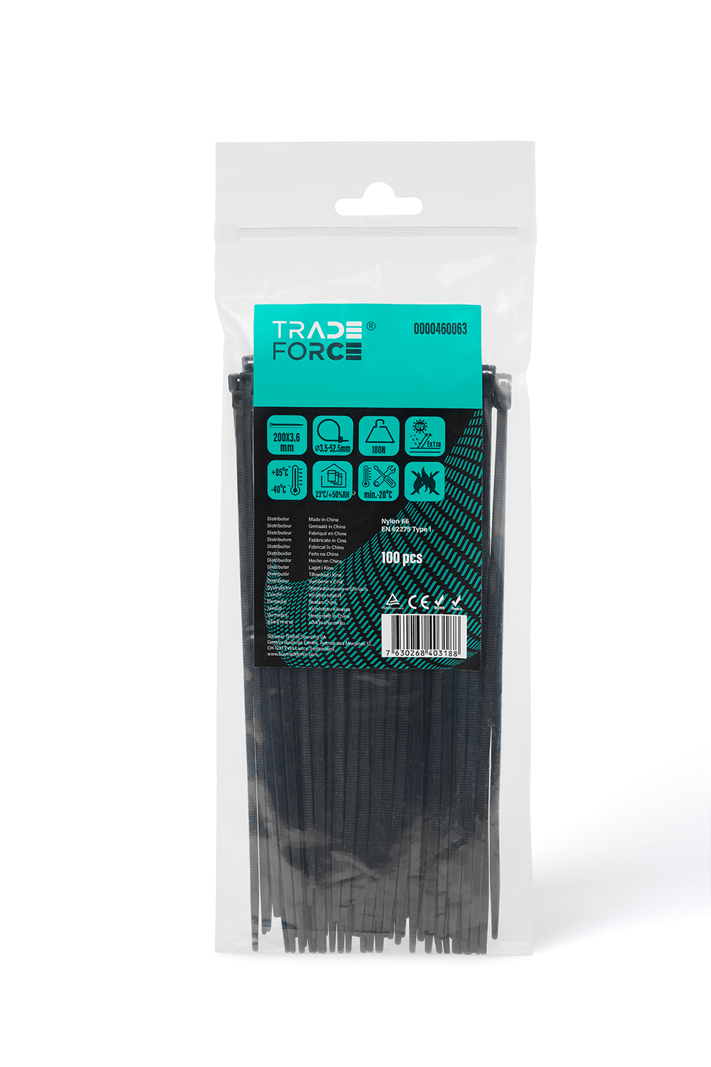 TRADEFORCE - Fascetta resistente uv 200 x 3,6 nera 100 pezzi ideale per esterno