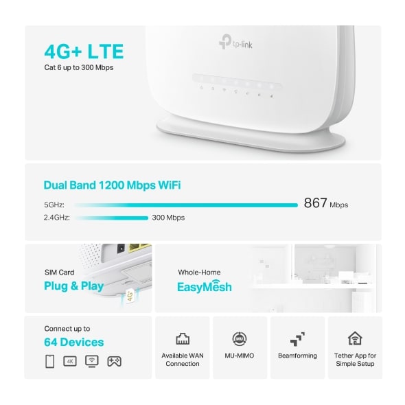 TP-LINK - ROUTER 4G+ CAT6 DUAL GIG WI-FI AC1200