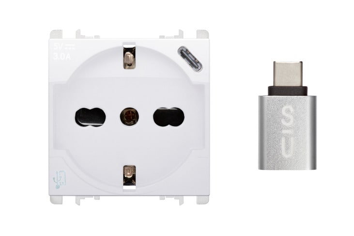 URMET - Presa P40+USB 3.0A con uscita Tipo C, 2 moduli, Nea, bianco ghiaccio, 250V+5V 3A BG.
