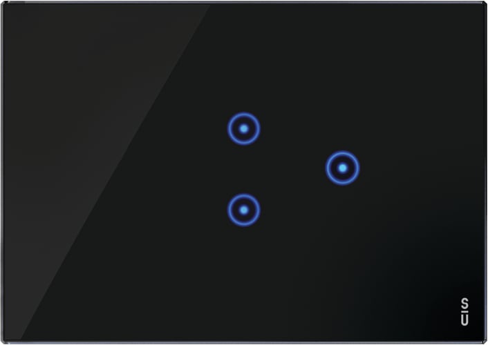 URMET - Placca 3 moduli, 1 simbolo centrale sovrapposto, 1 simbolo a destra, Expì Touch, vetro, nero lava, 2 ICO SOV. 1 ICO DX.