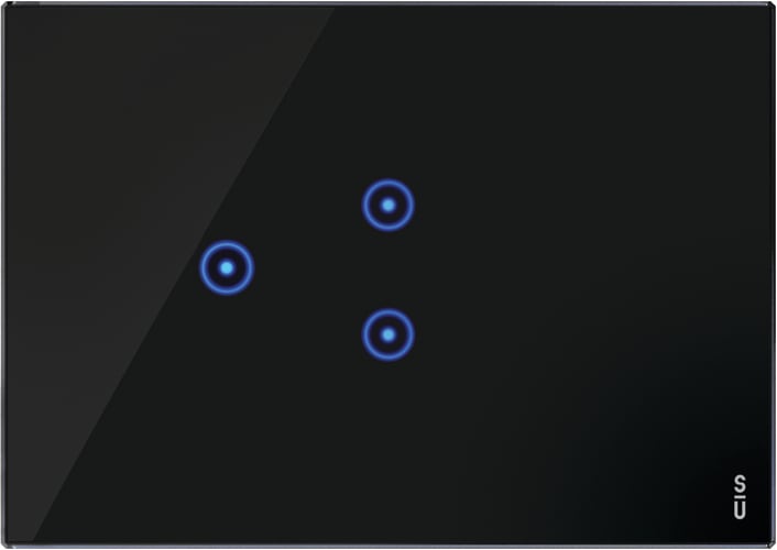 URMET - Placca 3 moduli, 1 simbolo centrale sovrapposto, 1 simbolo a sinistra, Expì Touch, vetro, nero lava PLAC.NERO 2 ICO SOV. 1 ICO SX.