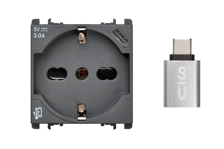 URMET - Presa P40+USB 3.0A con uscita Tipo C, 2 moduli, Nea, antracite, 250V+USB 5V 3A ANT.