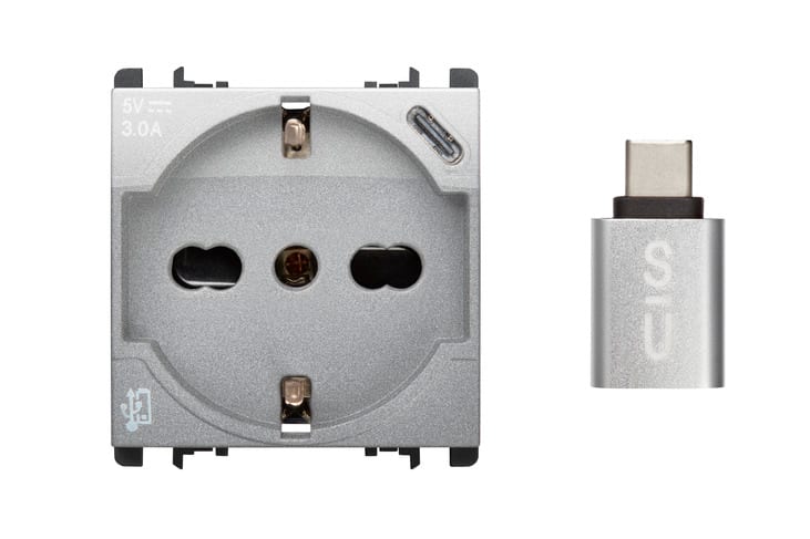 URMET - Presa P40+USB 3.0A con uscita Tipo C, 2 moduli, Nea, alluminio, 250V+5V 3A