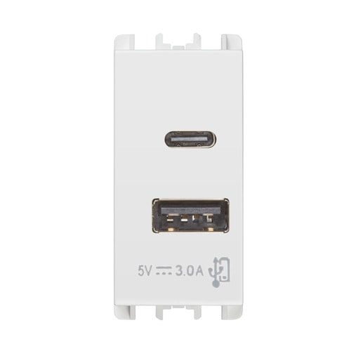 URMET - Alimentatore 5V 3A con 2 uscite USB Tipo A e Tipo C, 1 modulo, 100-230V, colore bianco. 10331.B