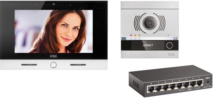 URMET - Kit monofamiliare video espandibile con pulsantiera Alpha e videocitofono VOG7, sistema IPerCom - KIT VILLA IP ALPHA VOG7.