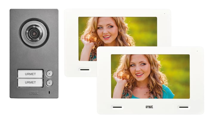 URMET - Kit bifamiliare video con pulsantiera Mikra2 e videocitofono cxModo, sistema 2 fili MININOTE+ BIFAM C/MIKRA2.