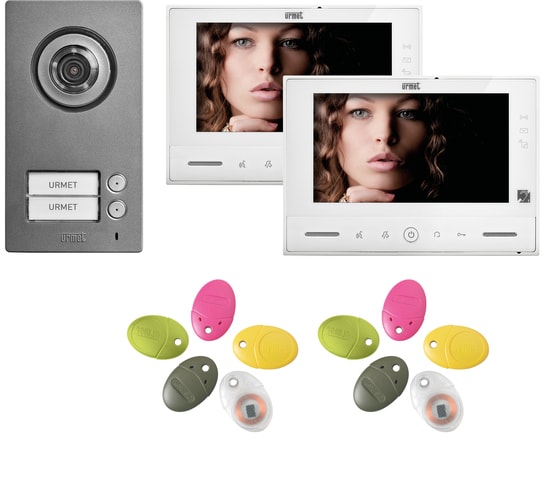URMET - Kit bifamiliare video Note2 Wifi con pulsantiera Mikra2, videocitofono vModo e sistema 2 fili, con rinvio di chiamata.