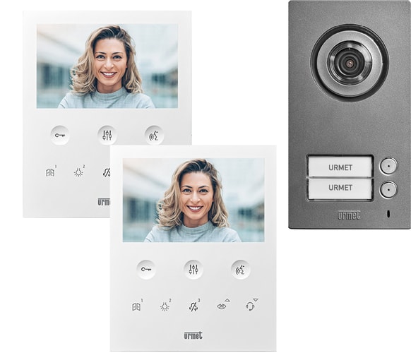 URMET - Kit bifamiliare video con pulsantiera Mikra2 e videocitofono vivavoce VOG5, sistema 2Voice, KIT 2V MONOFAM MIKRA-VOG5.