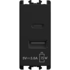 URMET - Unità di alimentazione con due uscite USB Tipo "A" e Tipo "C" 1 modulo 5V 3.0A 100-230V Lybra Nero