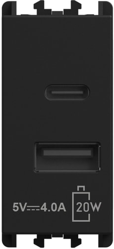URMET - Unità di alimentazione con due uscite USB PD20W Tipo "A" e Tipo "C" 1 modulo 100-230V 50/60HZ Nero 27332.N